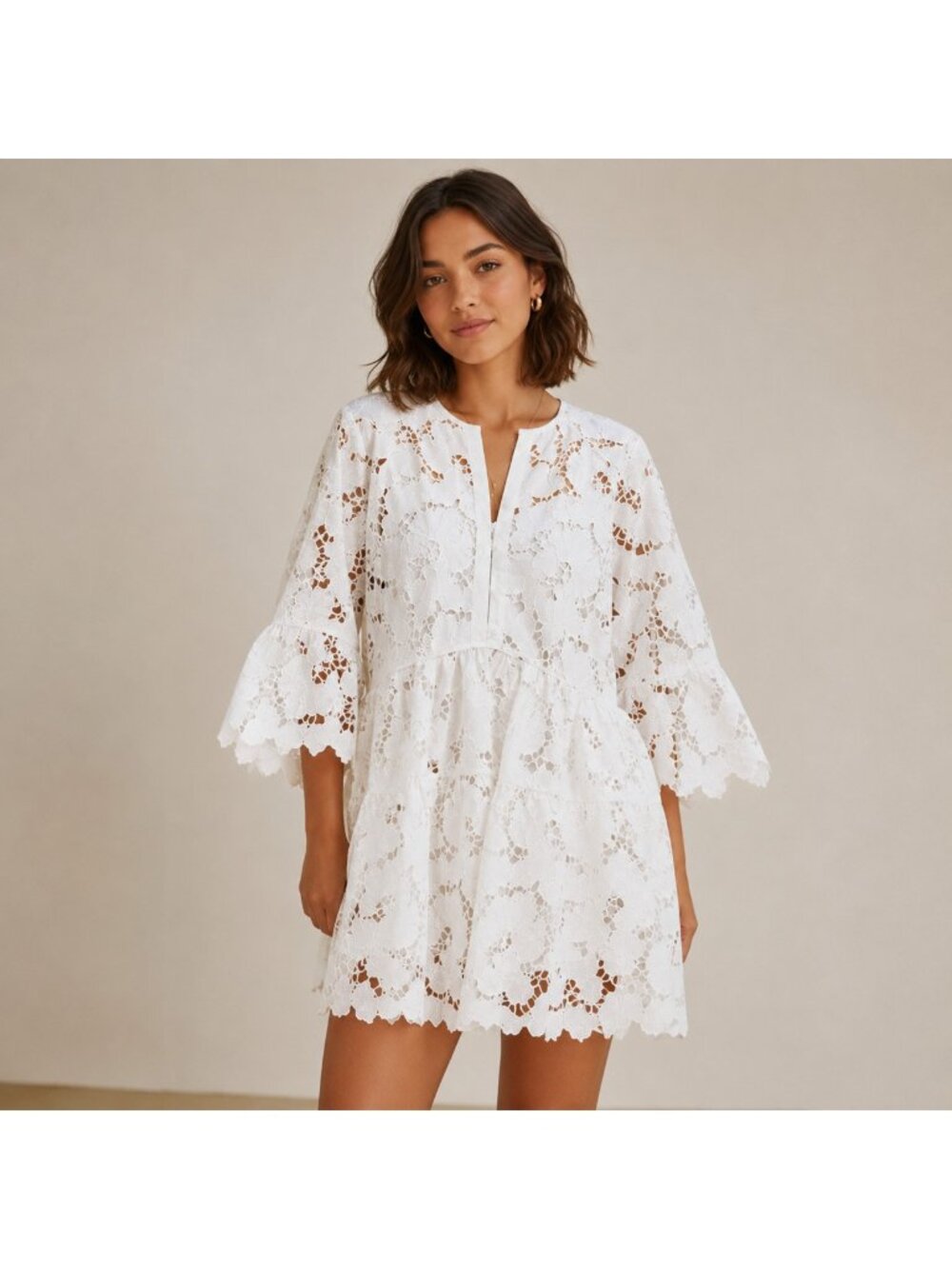 Self-Portrait White Cotton Lace Wide Sleeve Mini Shirt Dress size 8  NWT No Slip